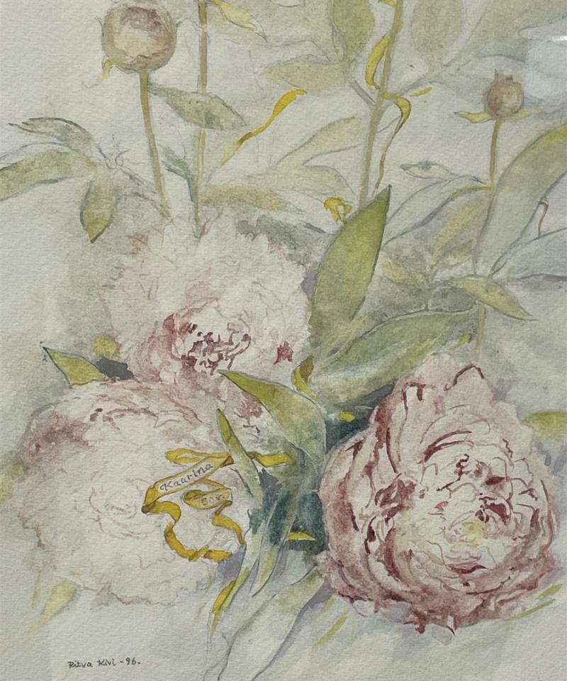 Taulu ”Kukat” vesiväriteos, Ritva Kivi -96