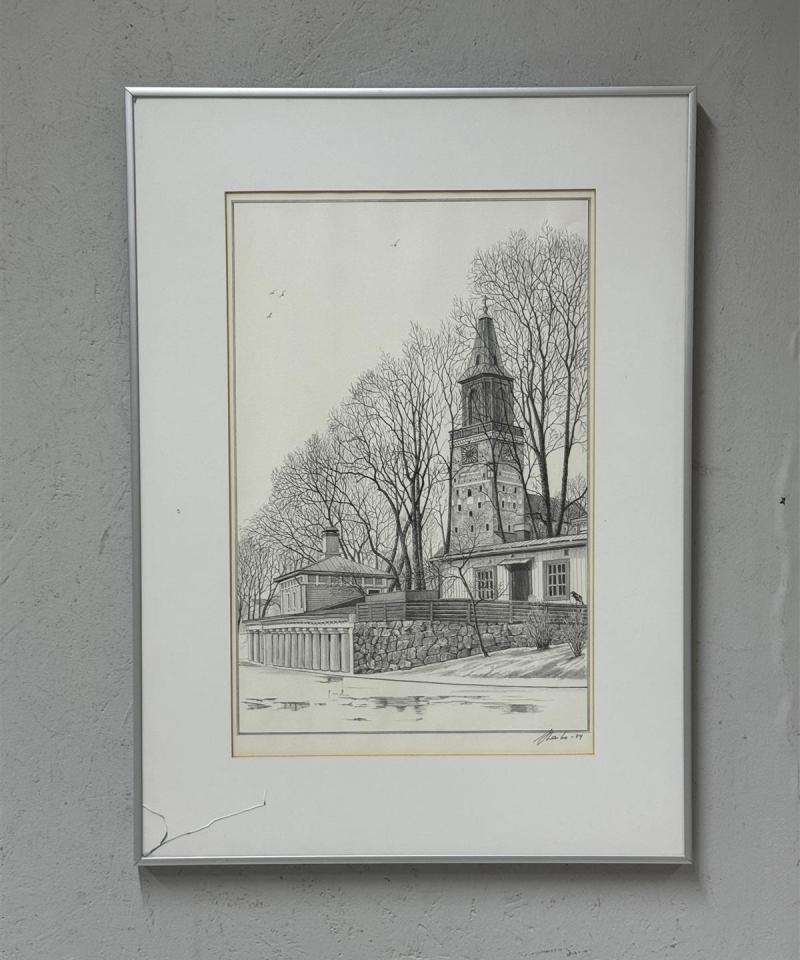 Taulu piirros kirkko Laiho -84