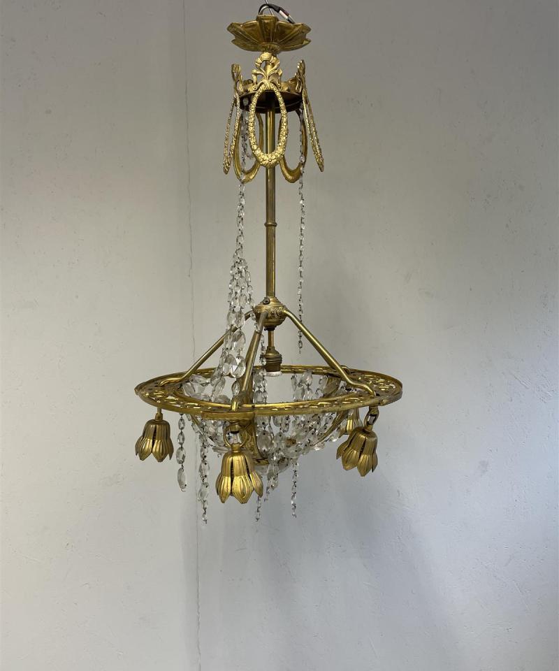 Vintage Kattokruunu kristalli ja messinki, 6-valopistettä.
