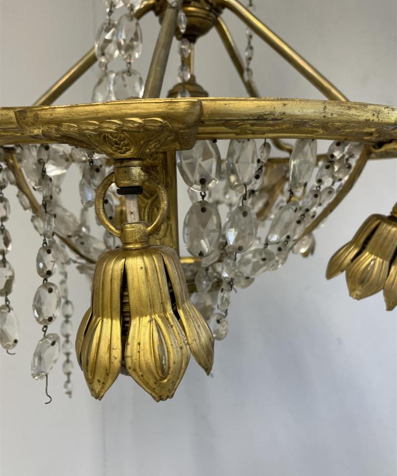 Vintage Kattokruunu kristalli ja messinki, 6-valopistettä.