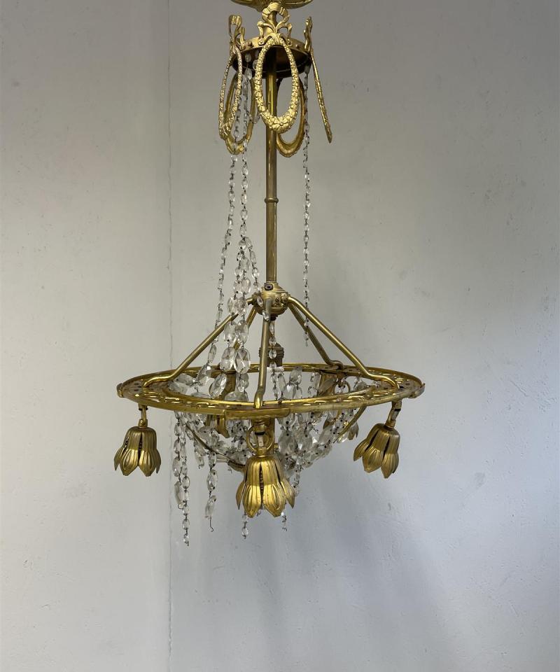 Vintage Kattokruunu kristalli ja messinki, 6-valopistettä.