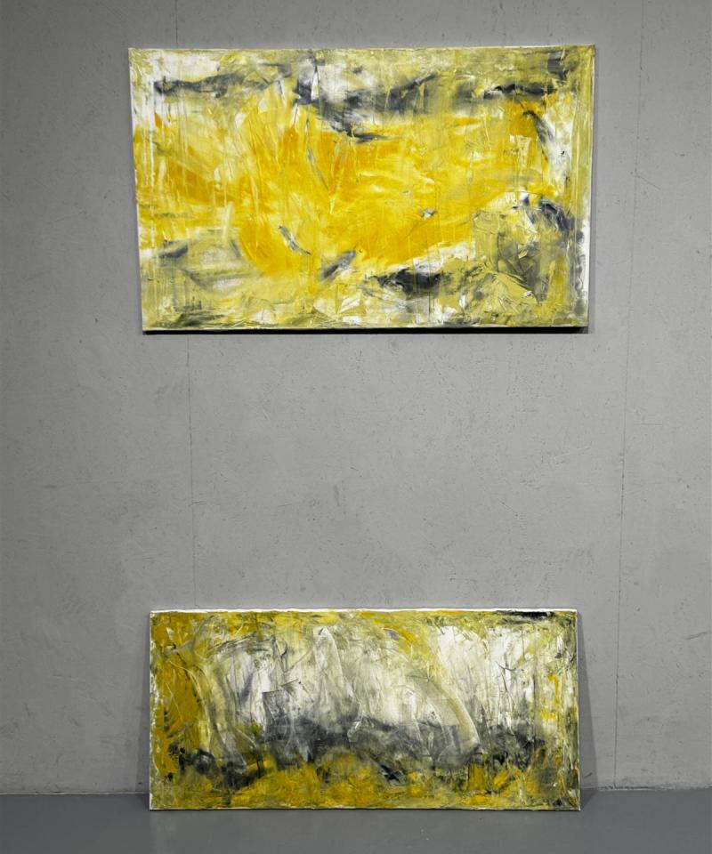 Taulu abstrakti maalaus, keltainen ja harmaa (2 kpl)