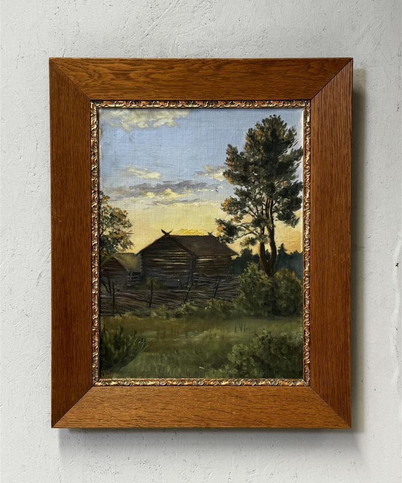 Taulu öljyvärimaalaus maisema puukehyksissä