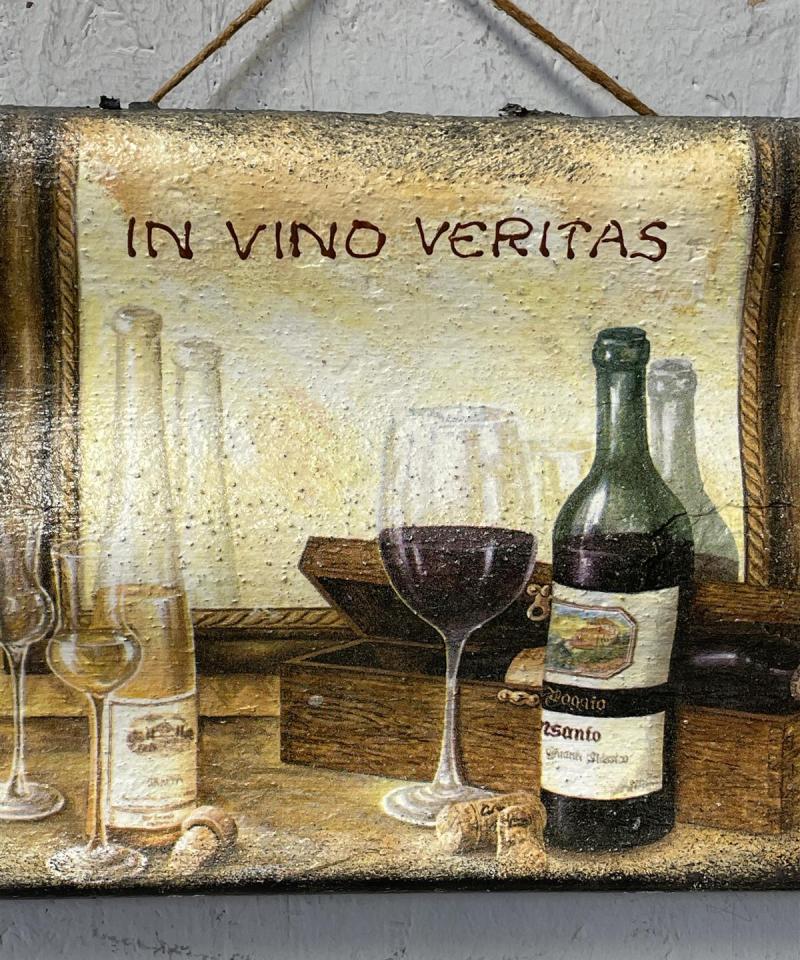 Vintage ”In Vino Veritas” seinälaatta keramiikka