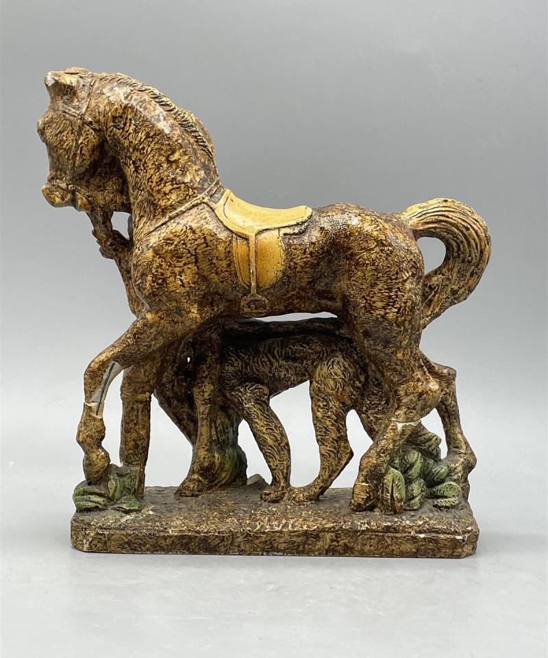 Keraaminen Figuuri Hevonen, nainen ja koira