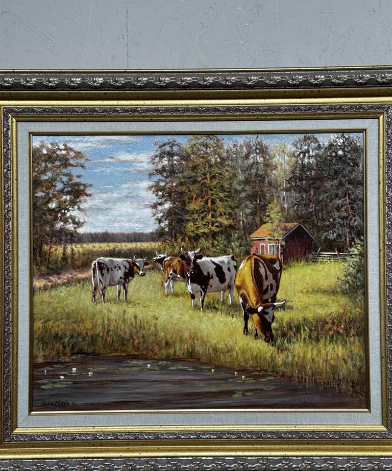 Taulu öljyvärimaalaus lehmät laitumella Taina Harsia -05