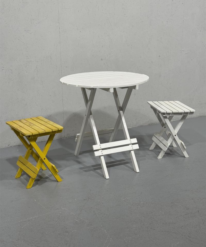 Retro puutarhakalustesetti, puu, valkoinen ja keltainen