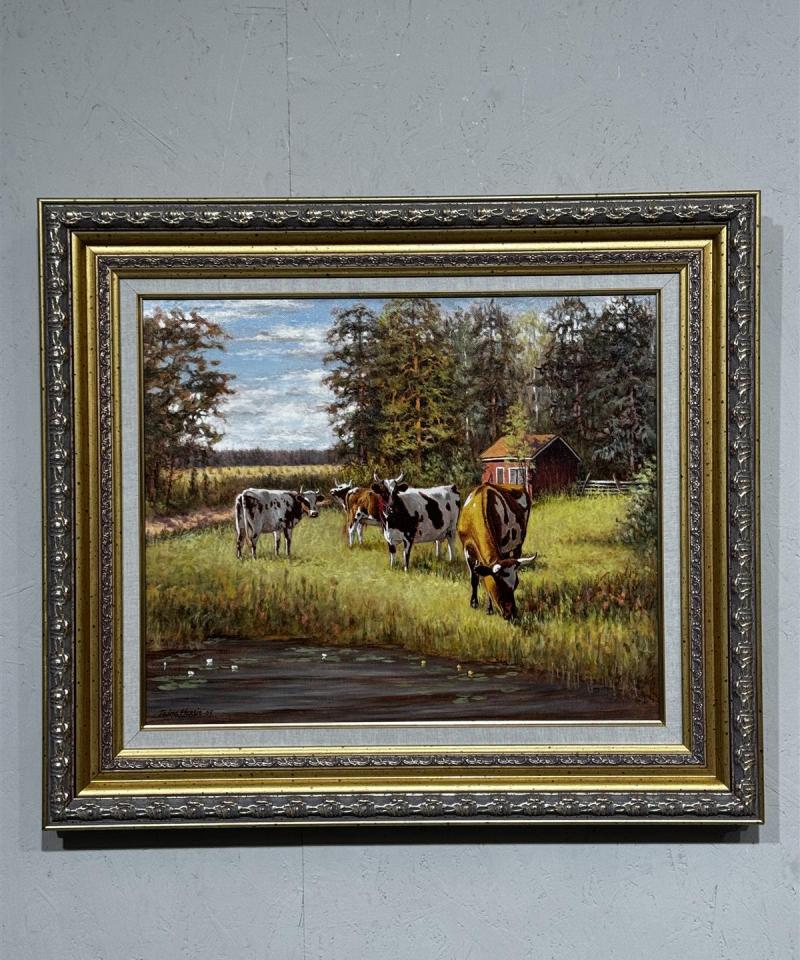 Taulu öljyvärimaalaus lehmät laitumella Taina Harsia -05