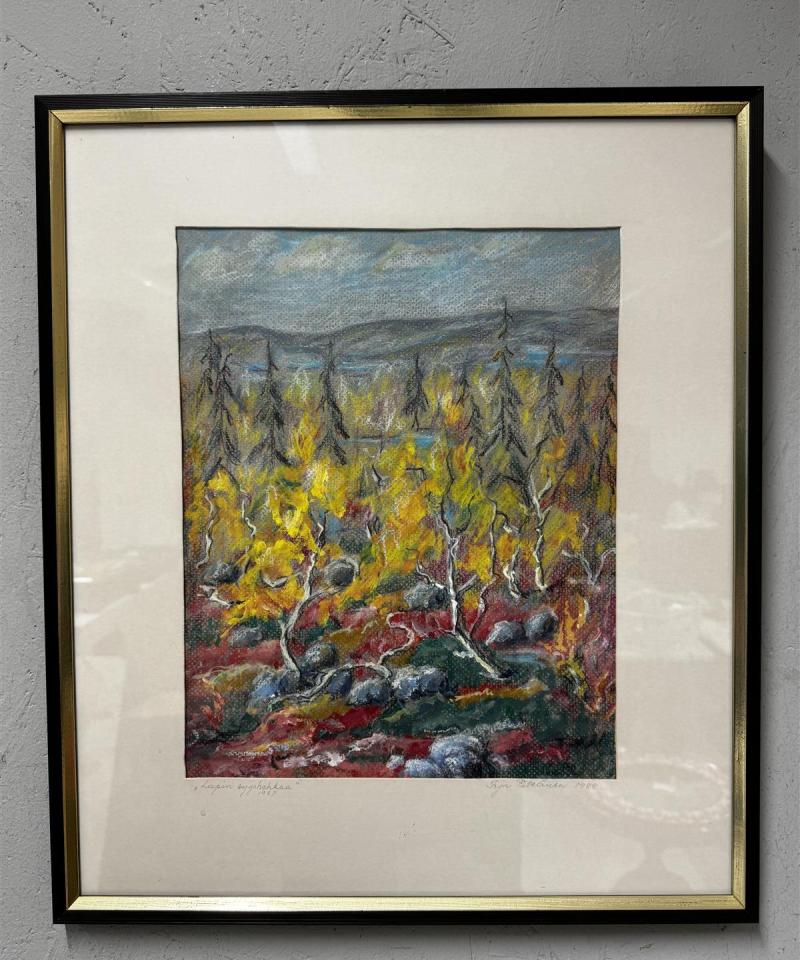 Taulu pastelli Lapin syyshehkua Irja Pitkänen 1988