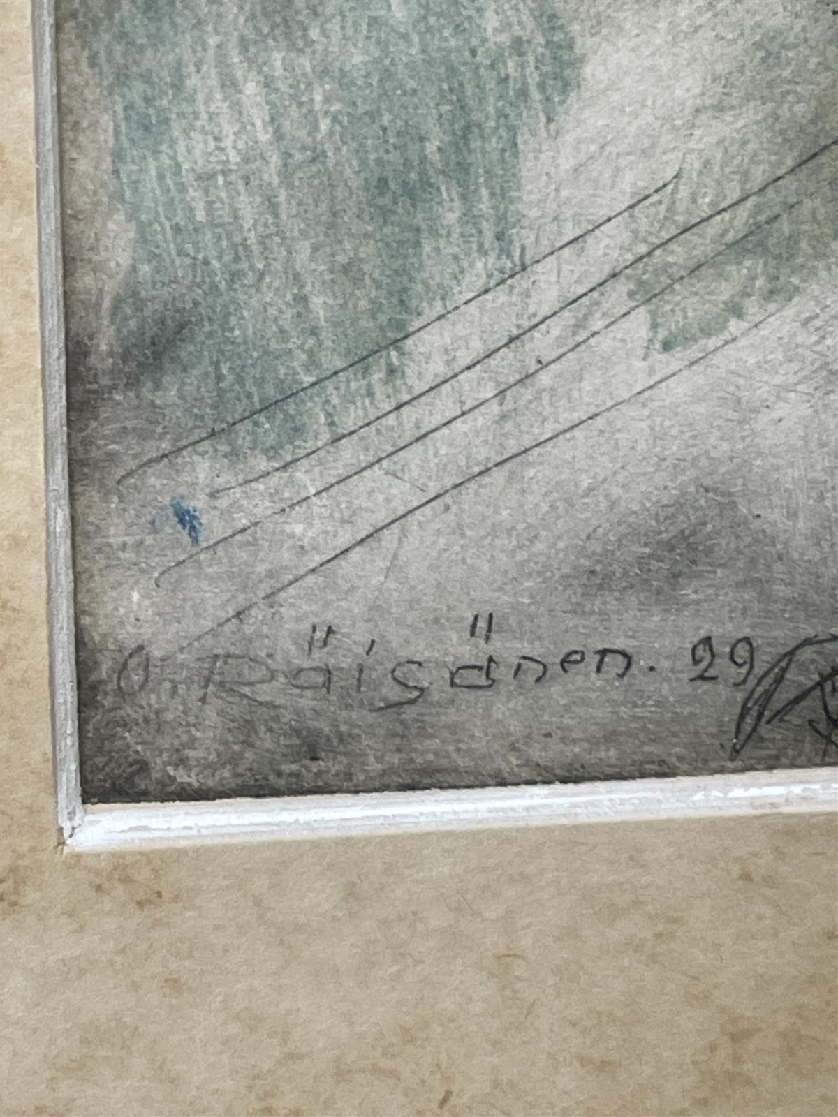 Taulu ”Hiihtävät metsästäjät” etsaus, O Räisänen -29