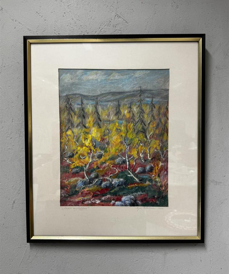 Taulu pastelli Lapin syyshehkua Irja Pitkänen 1988