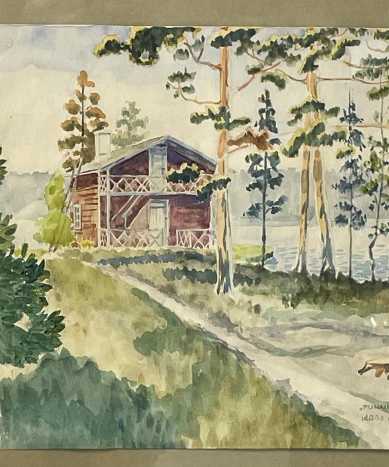 Taulu ”Punainen tupa” vesiväri, signeerattu