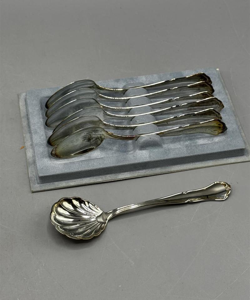 Chippendale hopea kahvilusikka 6 kpl + sokerilusikka (H830)