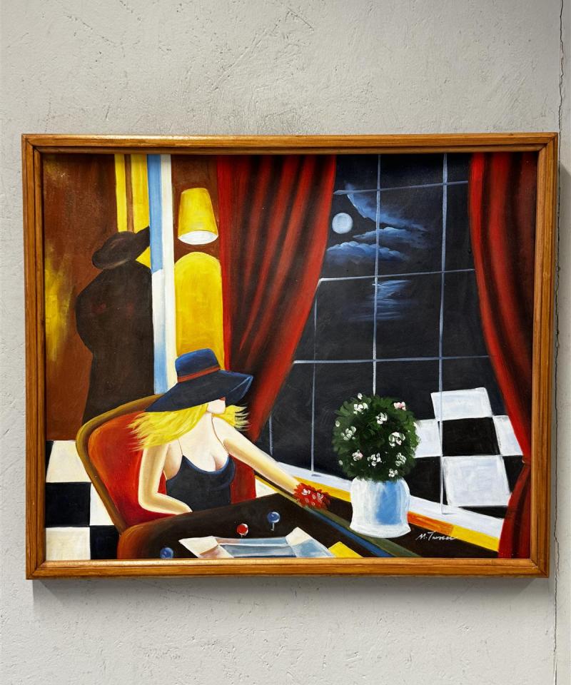 Taulu öljyvärimaalaus nainen ja ikkuna M Turner (?)