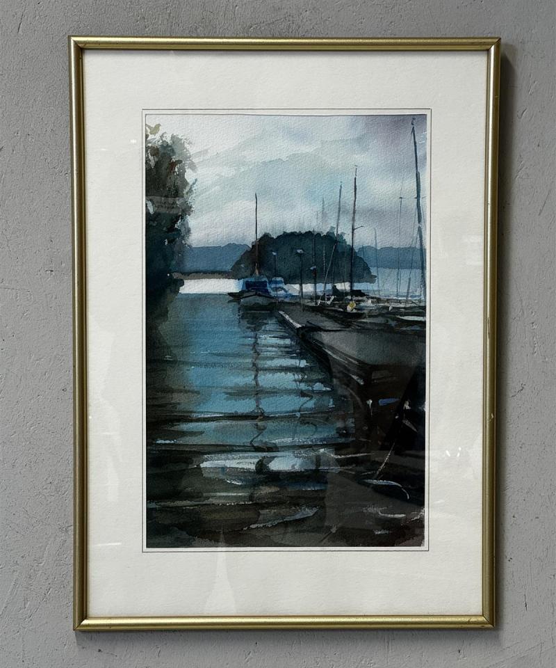 Taulu vesivärimaalaus satama signeeraamaton