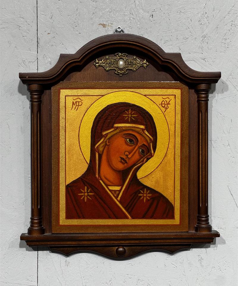Ikoni Maria puukehyksellä helmikoriste Juhani Lehti