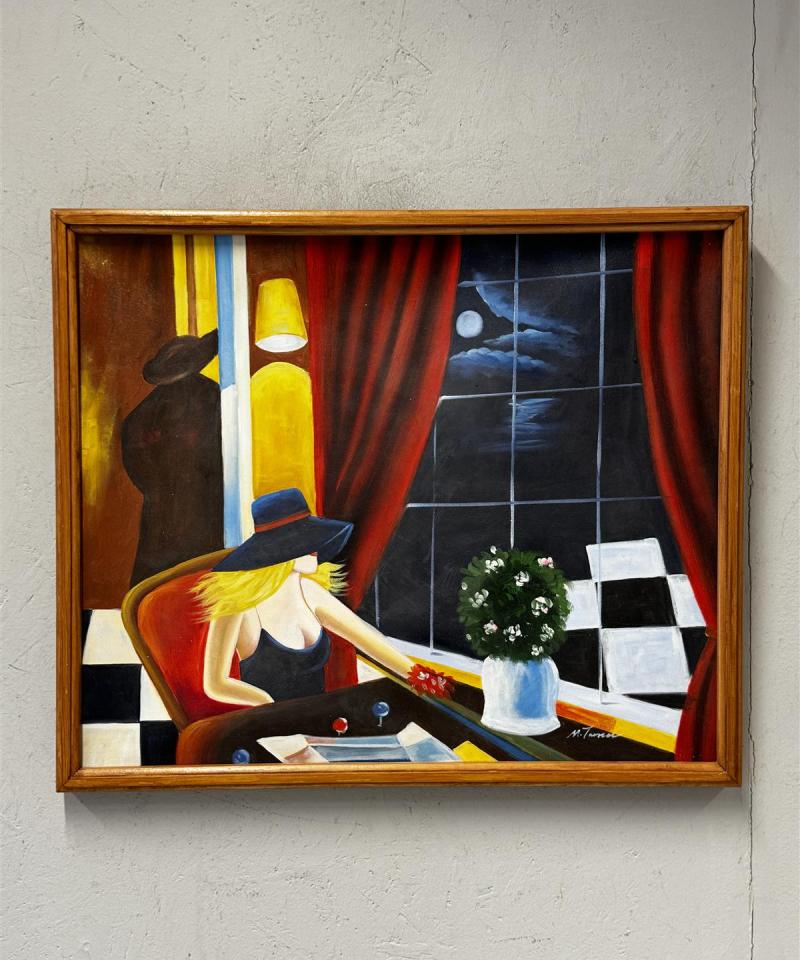 Taulu öljyvärimaalaus nainen ja ikkuna M Turner (?)