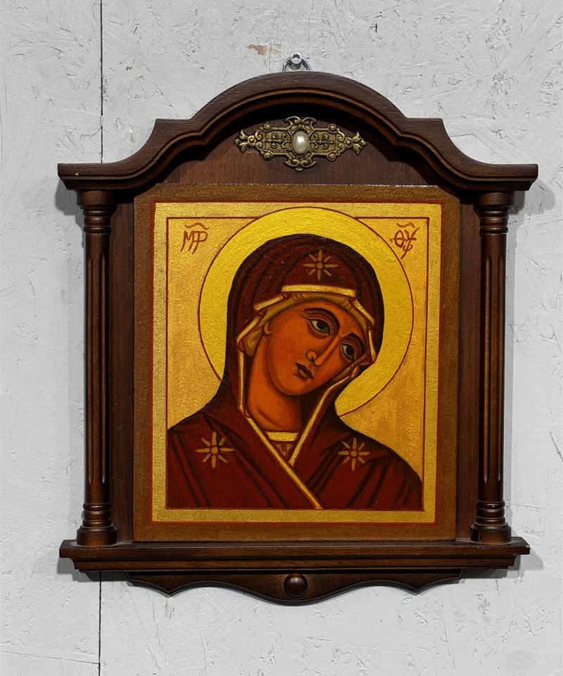 Ikoni Maria puukehyksellä helmikoriste Juhani Lehti