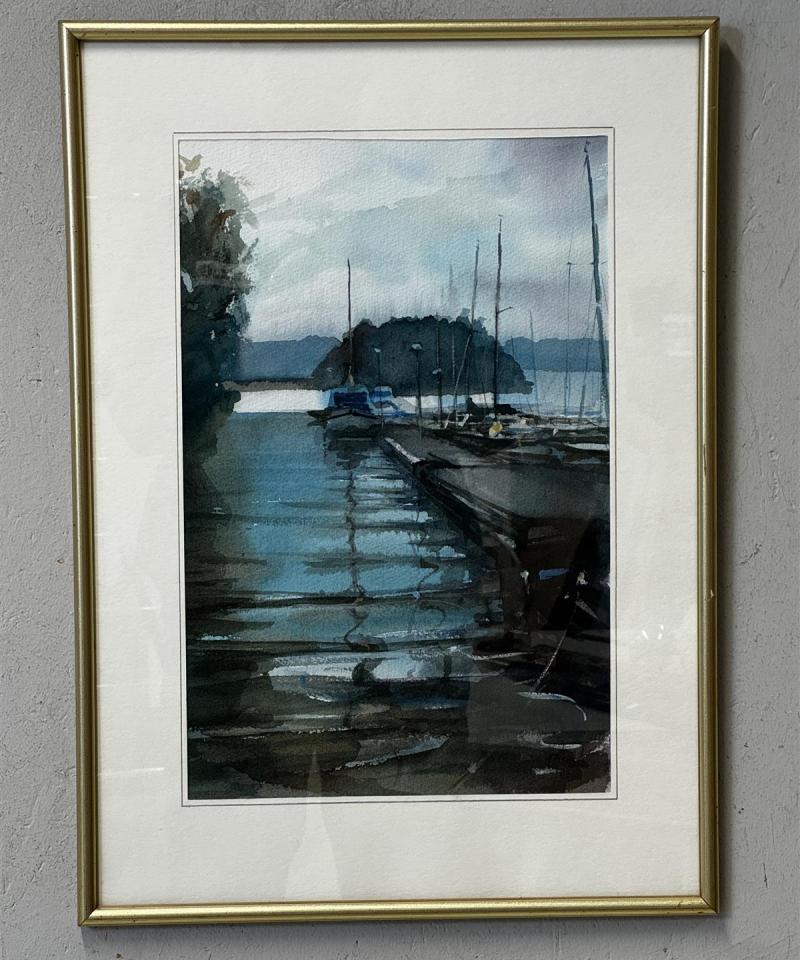 Taulu vesivärimaalaus satama signeeraamaton